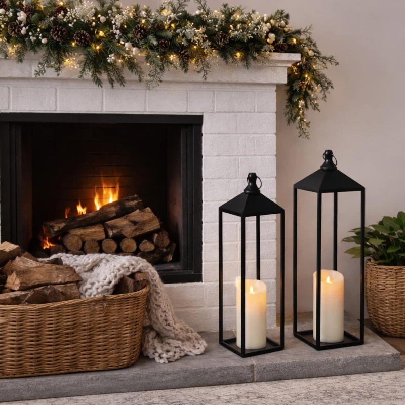 MATAHUM 22'' 19'' Large Lanterns Decorative Outdoor Indoor, Set of 2 Black Metal Candle Lanterns Modern Farmhouse Floor Lanterns Decorative for Home Decor, Mantle, Fireplace, Patio, Porch, Garden - Image 3