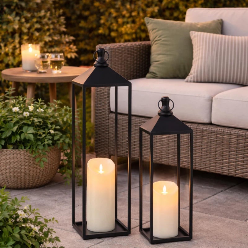 MATAHUM 22'' 19'' Large Lanterns Decorative Outdoor Indoor, Set of 2 Black Metal Candle Lanterns Modern Farmhouse Floor Lanterns Decorative for Home Decor, Mantle, Fireplace, Patio, Porch, Garden - Image 5