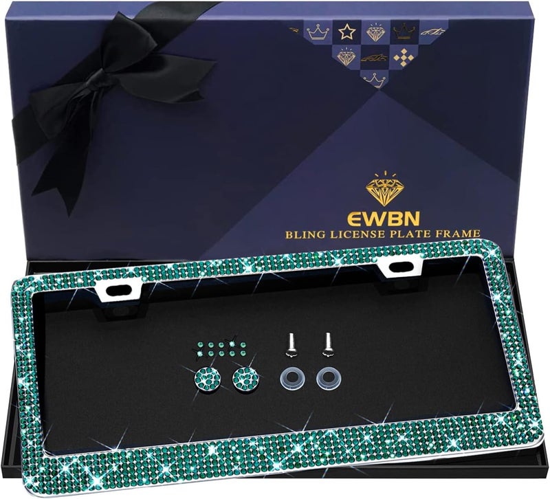 EWBN Bling Rhinestone License Plate Frame for Women, Sparkly License Plate Frames| Stainless Steel Frames & Over 1200 pcs Finest 14 Facets Glass Crystals Premium Diamond(Green) - Image 1