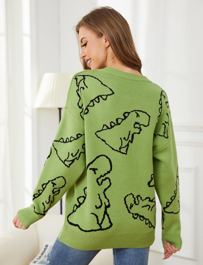 Arssm Dinosaur Sweater Women y2k Vintage Oversized Graphic Streetwear Knit Sweater Casual Cute Kawaii Tops(Green-S) - Image 2