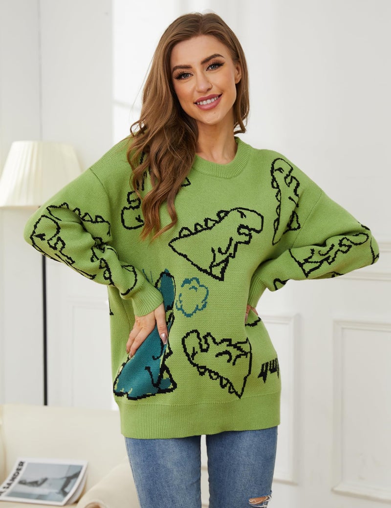 Arssm Dinosaur Sweater Women y2k Vintage Oversized Graphic Streetwear Knit Sweater Casual Cute Kawaii Tops(Green-S) - Image 4