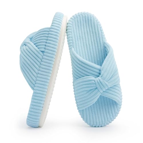 Chantomoo Slippers for Women Memory Foam House Bedroom Corduroy Bow Crossbands Slide Slipper Shoes Comfy Trendy Gift Slippers Light Blue Size7 8 6.5 - Image 1
