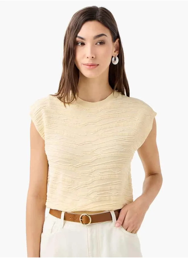 Iconic Iconic Textured Round Neck Top with Cap Sleeves