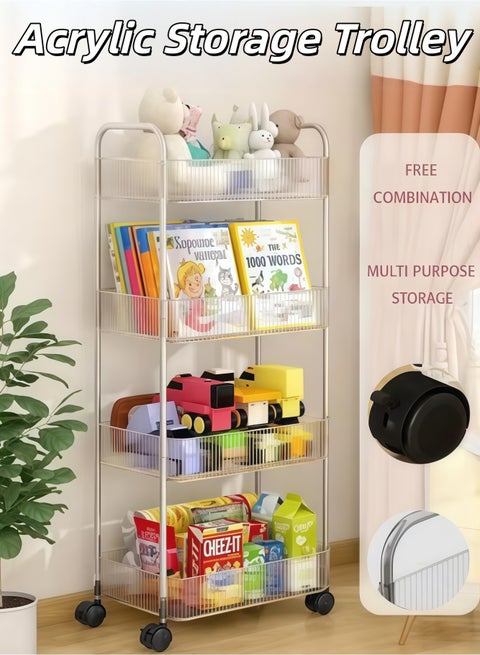 Acrylic Storage Trolley, 4 Tier Multifunction Rolling Utility Cart Kitchen Bathroom Movable Storage Shelf,Storage rack, 4-tier removable organiser with handles and multifunctional storage bins for kitchen, bathroom and office (Clear)
