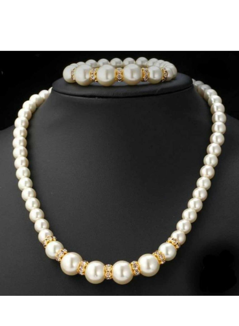 Elegant Women Set Necklace & Bracelet Off White Pearls With Diamond 