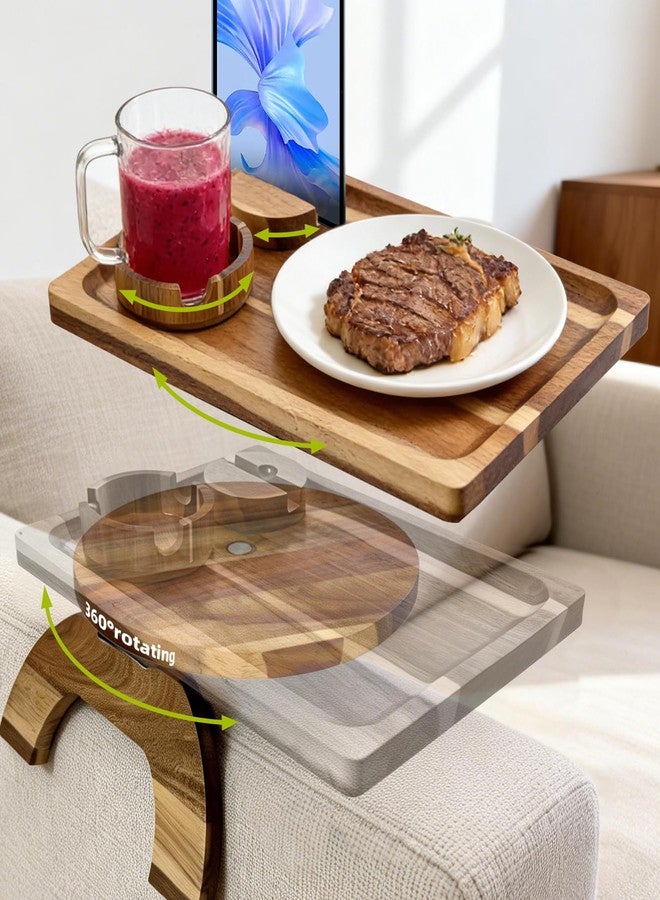 Manspdier 360° Detachable Rotating Acacia Wood Sofa Arm Tray Table, Serving Tray Clip On Couch Armrest Table with Cup Holder & Phone Stand, TV Dinner Tray for Eating on Sofa, TV Trays Fits for Small Spaces - Image 1