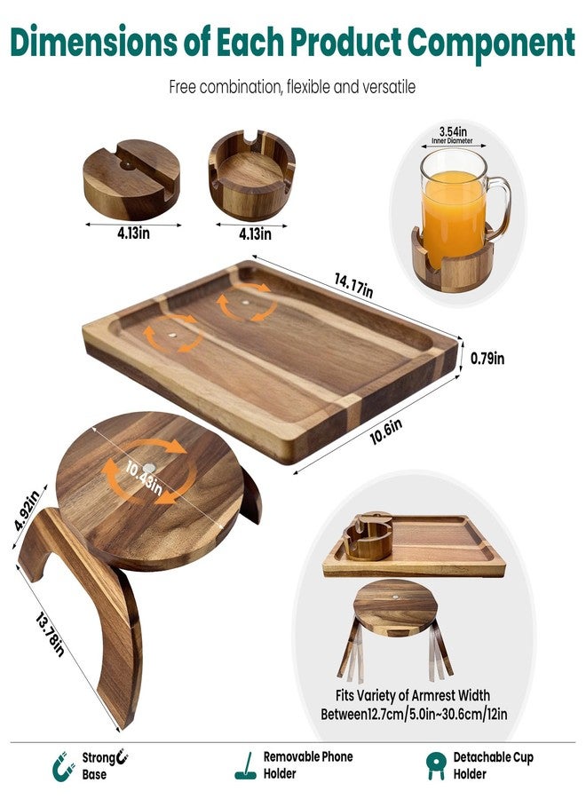 Manspdier 360° Detachable Rotating Acacia Wood Sofa Arm Tray Table, Serving Tray Clip On Couch Armrest Table with Cup Holder & Phone Stand, TV Dinner Tray for Eating on Sofa, TV Trays Fits for Small Spaces - Image 3