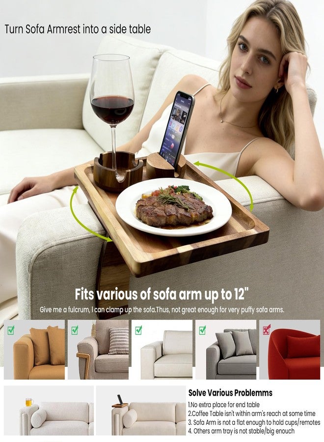 Manspdier 360° Detachable Rotating Acacia Wood Sofa Arm Tray Table, Serving Tray Clip On Couch Armrest Table with Cup Holder & Phone Stand, TV Dinner Tray for Eating on Sofa, TV Trays Fits for Small Spaces - Image 4