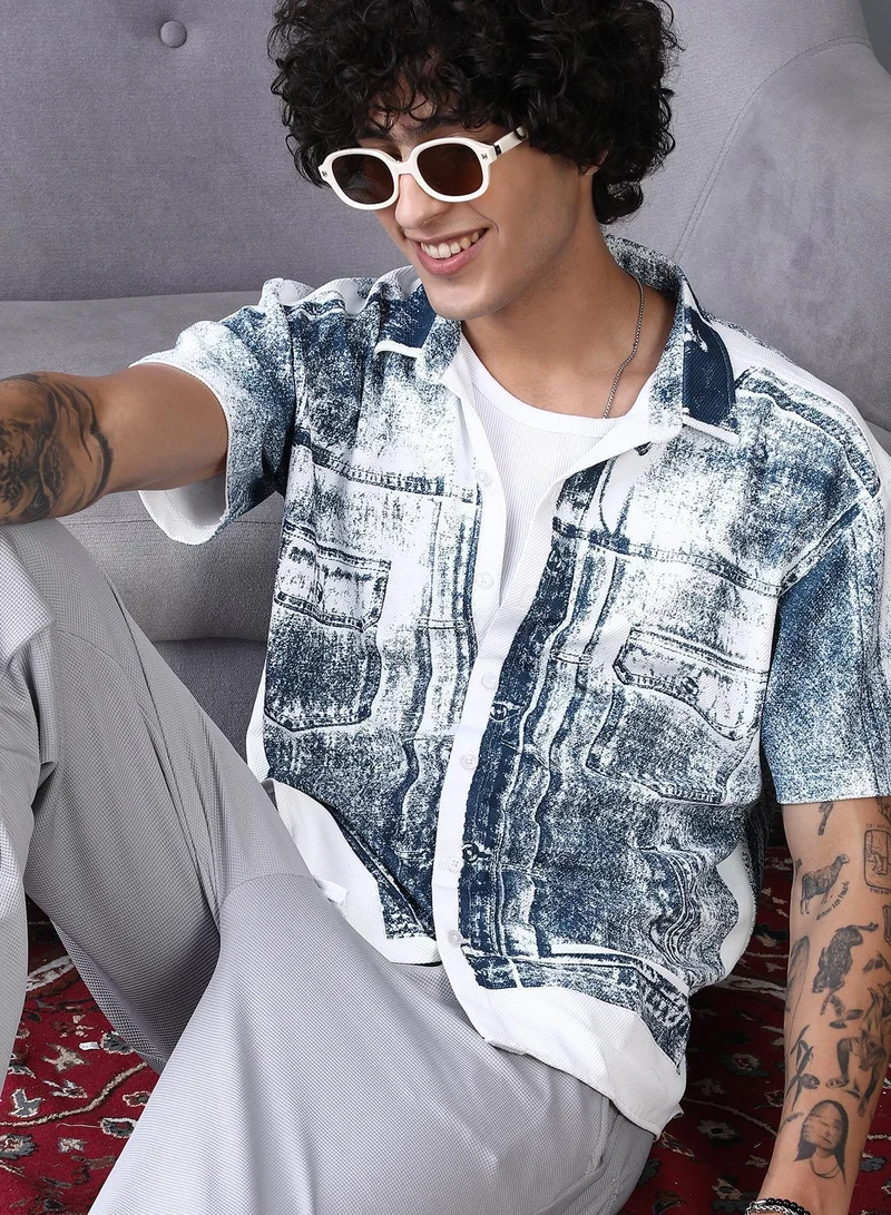 كامبوس سوترا قميص كامبس سوترا رجالي أزرق داكن مطبوع بالدينم بياقة عادية وأكمام قصيرة