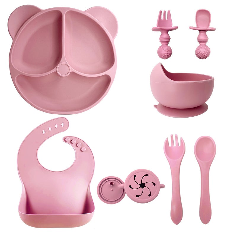 Silicone Baby Dining Set Soft Bib Bowl Spoon10 pieces of deep powder-bear plate + snail bowl +2 in 1 cup + Bib + long fork spoon + spherical short fork spoon 10 pieces of deep powder-bear plate + snail bowl +2 in 1 cup + Bib + long fork spoon + spherical short fork spoon