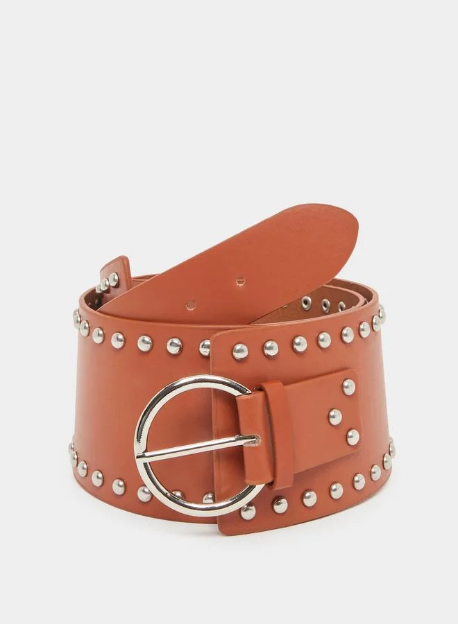 Brown Studded Wide Waist Belt