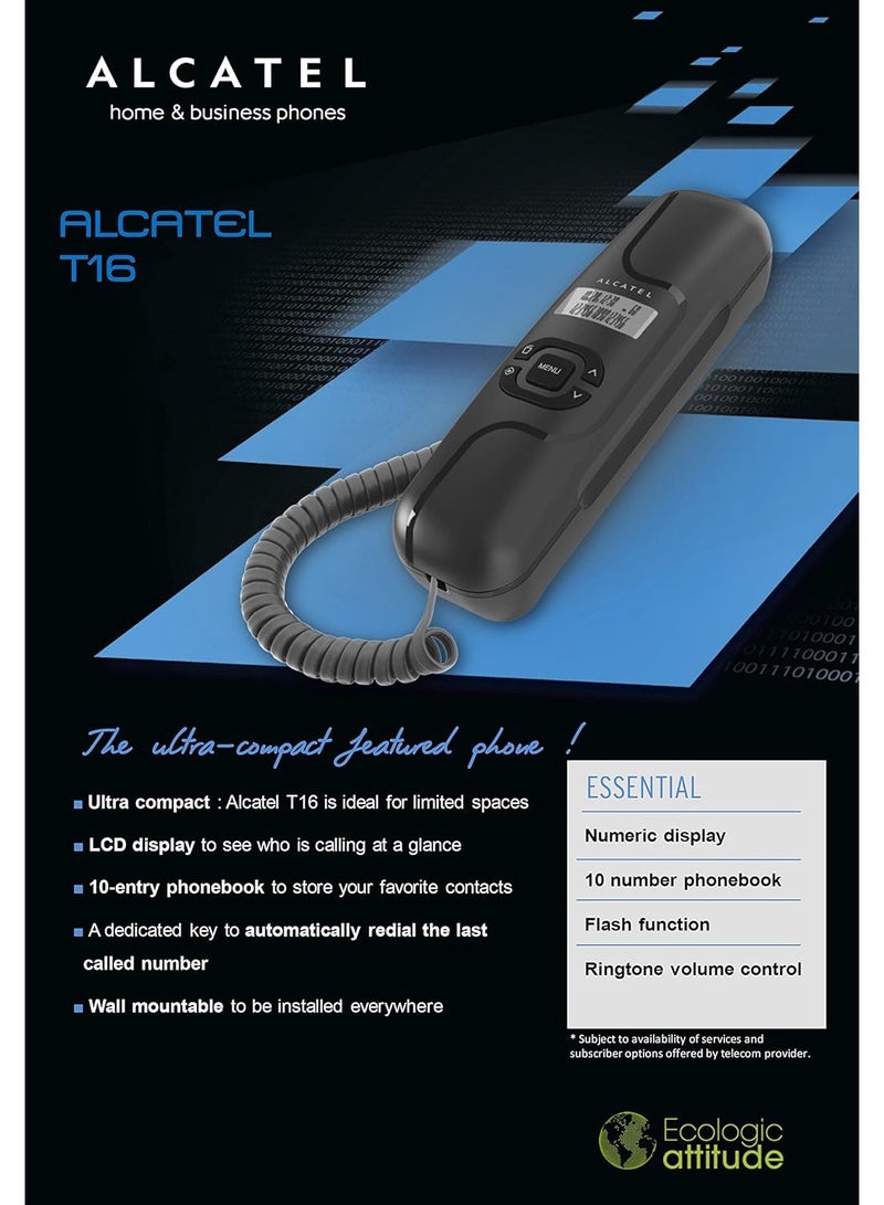 ألكاتل تليفون أرضي صغير للغاية T-16 بسلك وشاشة رقمية مع معرف متصل بحامل يثبت على الحائط من الكاتيل، أسود - Image 2