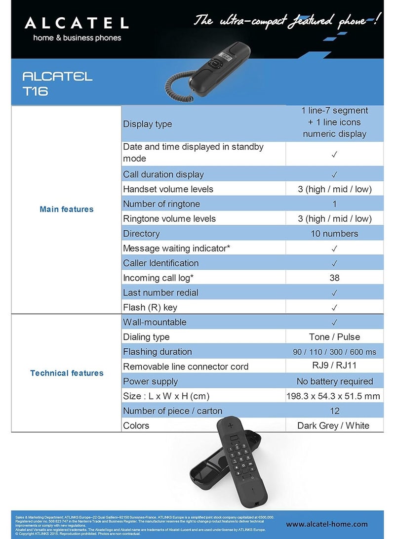 ألكاتل تليفون أرضي صغير للغاية T-16 بسلك وشاشة رقمية مع معرف متصل بحامل يثبت على الحائط من الكاتيل، أسود - Image 5