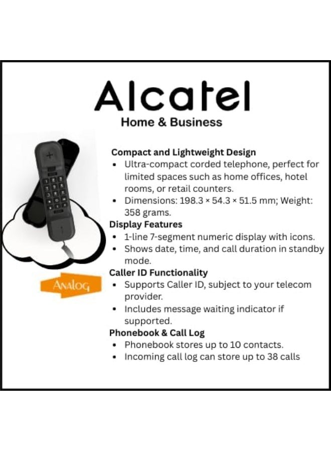 ألكاتل تليفون أرضي صغير للغاية T-16 بسلك وشاشة رقمية مع معرف متصل بحامل يثبت على الحائط من الكاتيل، أسود - Image 4