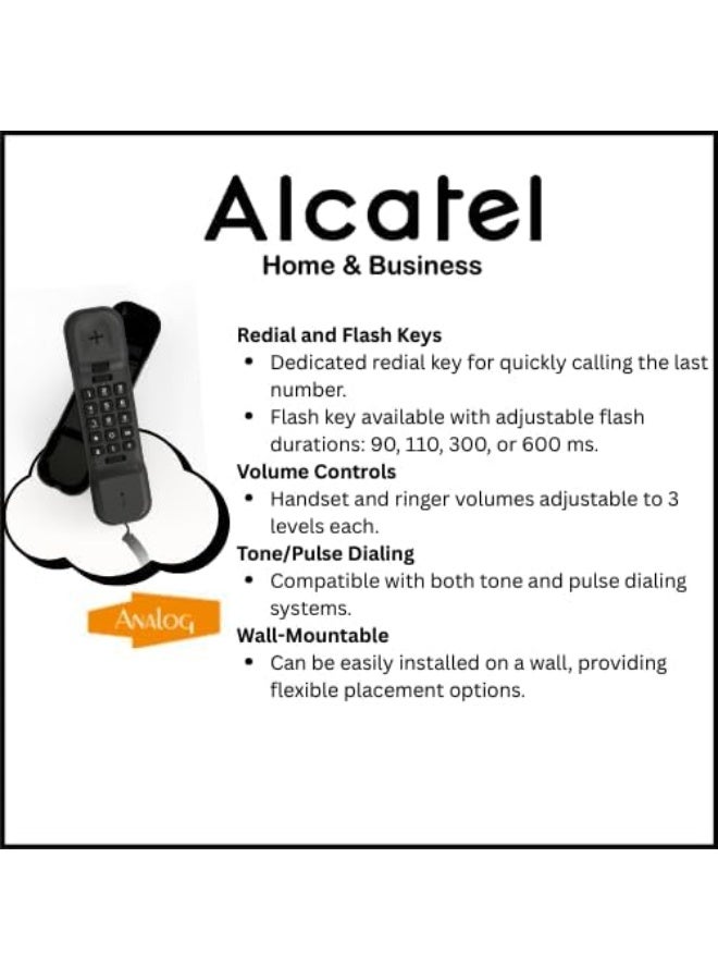 ألكاتل تليفون أرضي صغير للغاية T-16 بسلك وشاشة رقمية مع معرف متصل بحامل يثبت على الحائط من الكاتيل، أسود - Image 3