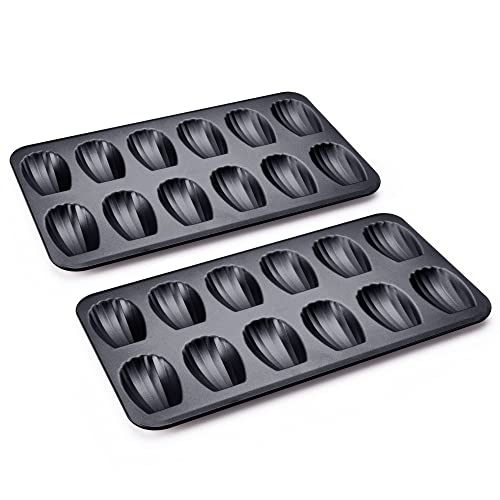HONGBAKE Nonstick Madeleine Pan 2 Pack 12-Cavity Heavy Duty Madeleine Cookies Trays for Oven Baking, Warp Resistant Shell Shape Madeleine Mold Cake Pan, Space Grey - Image 1