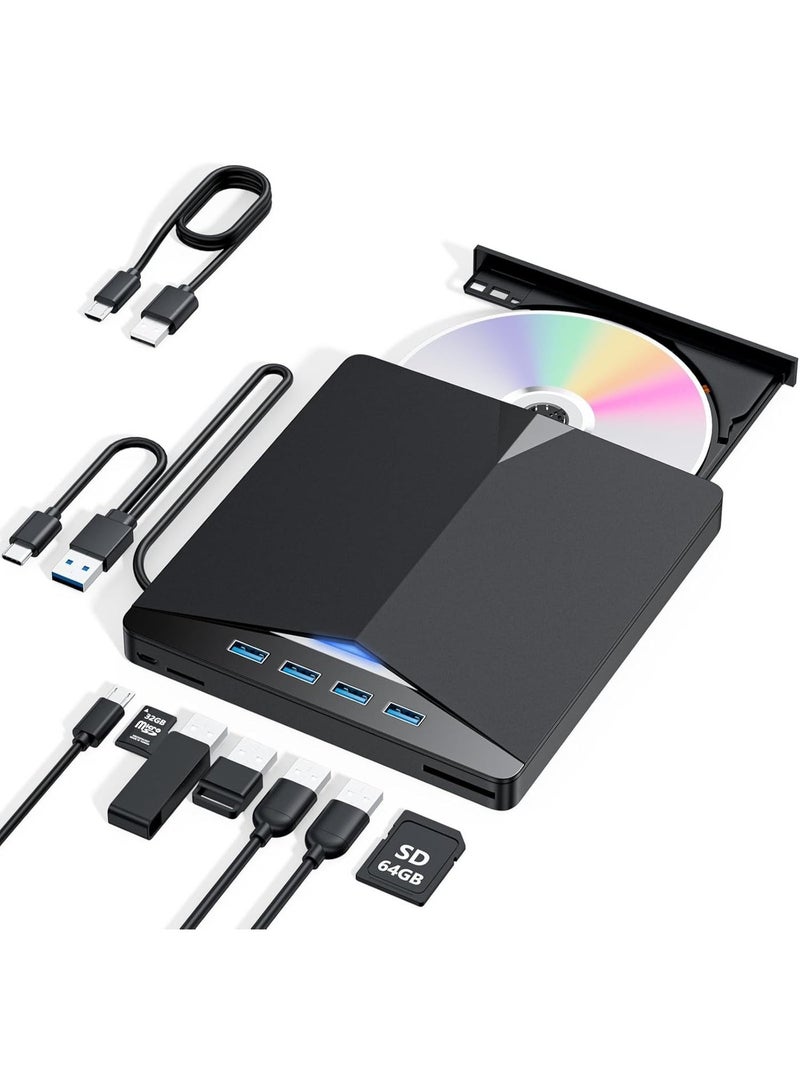 External CD/DVD drive for notebook computers, 7-in-1 DVD player, USB3.0 portable burner for notebook computers, with SD/TF card reader and 4-port USB hub, compatible with Windows, Mac OS, Linux (7-in-1) - Image 2