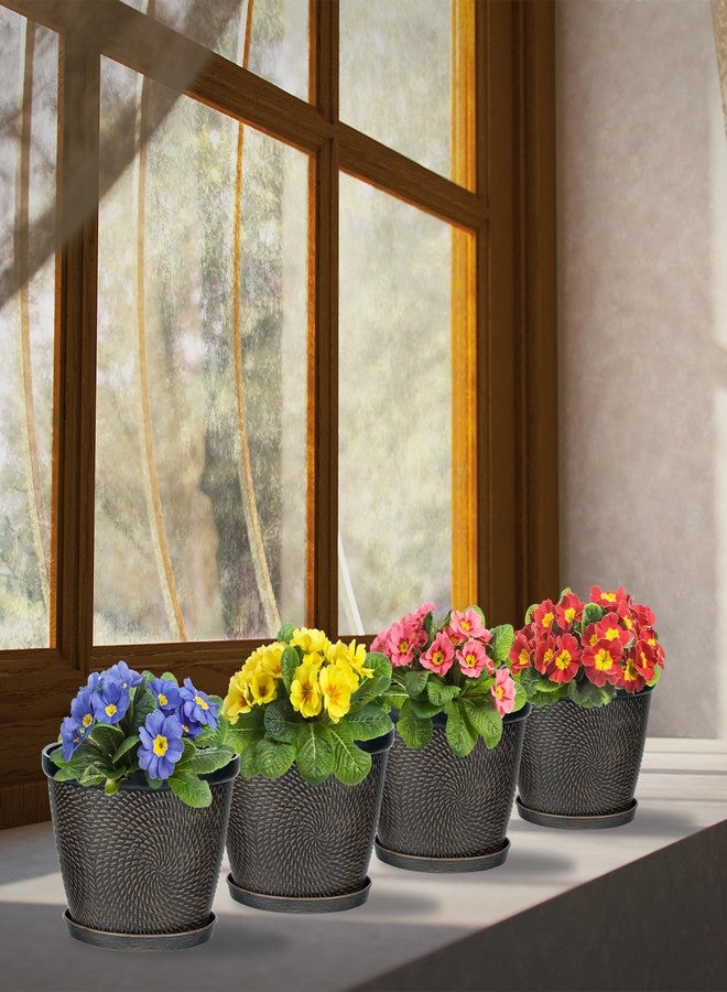 Quarut 4 Pack 6 Inch Flower Pots for Outdoor Indoor, Plastic Plant Pots with Drainage Hole & Saucer, Lightweight Small Flower Pot, Circle Pattern Planters for Garden House planters（Brown） - Image 2