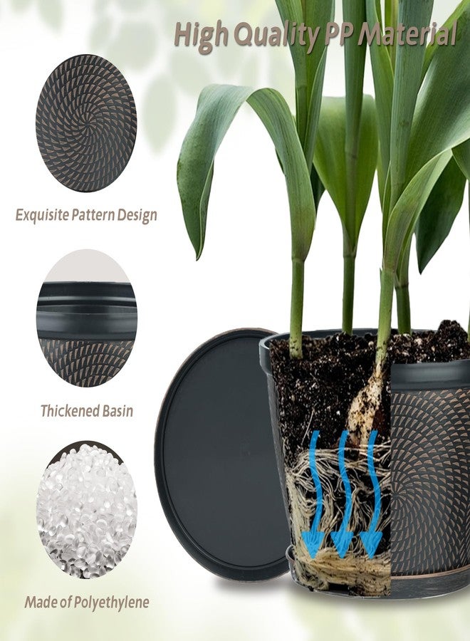 Quarut 4 Pack 6 Inch Flower Pots for Outdoor Indoor, Plastic Plant Pots with Drainage Hole & Saucer, Lightweight Small Flower Pot, Circle Pattern Planters for Garden House planters（Brown） - Image 4