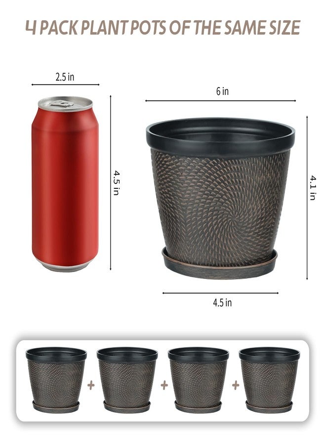 Quarut 4 Pack 6 Inch Flower Pots for Outdoor Indoor, Plastic Plant Pots with Drainage Hole & Saucer, Lightweight Small Flower Pot, Circle Pattern Planters for Garden House planters（Brown） - Image 3