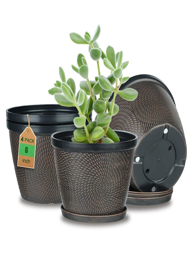 Quarut 4 Pack 6 Inch Flower Pots for Outdoor Indoor, Plastic Plant Pots with Drainage Hole & Saucer, Lightweight Small Flower Pot, Circle Pattern Planters for Garden House planters（Brown） - Image 1