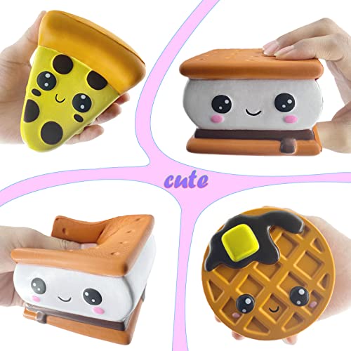 funnysquee Slow Rising 4 Pcs Smore Squishies Cute Birthday Gift for Kids Big Eyes Smore Pizza Biscuit Waffle Pack Stress Relief Squeeze Toys Style A - Image 5