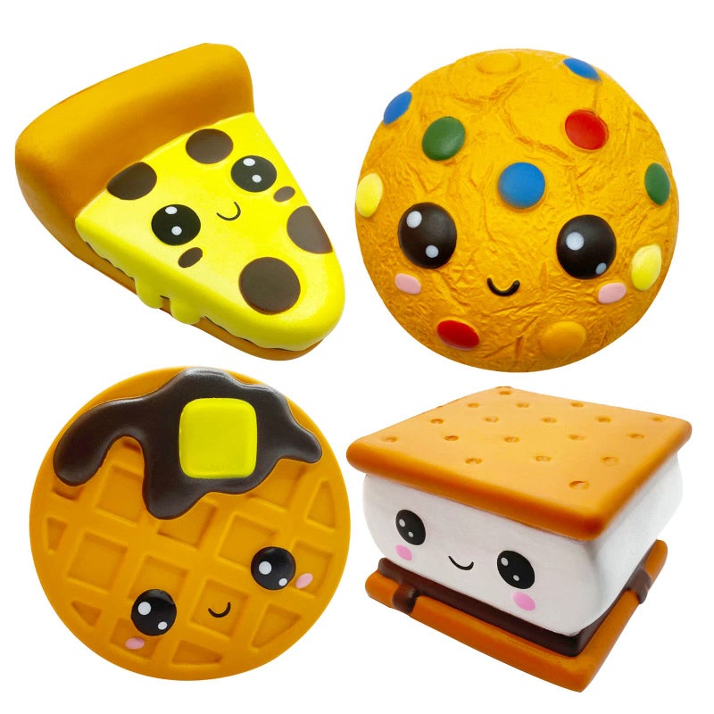 funnysquee Slow Rising 4 Pcs Smore Squishies Cute Birthday Gift for Kids Big Eyes Smore Pizza Biscuit Waffle Pack Stress Relief Squeeze Toys Style A - Image 3