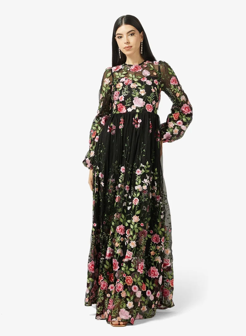 Maya  Embroidered Blouson Sleeve Maxi Dress for Women | Best Price UAE