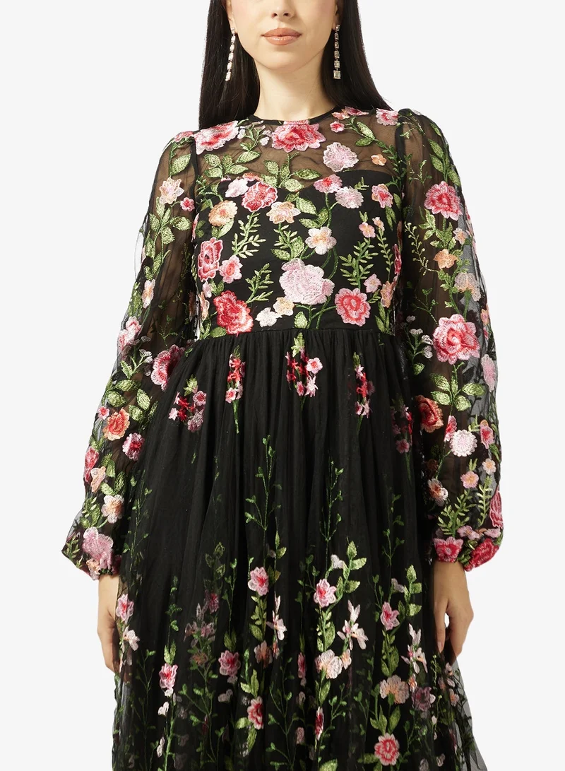 Maya  Embroidered Blouson Sleeve Maxi Dress for Women | Best Price UAE