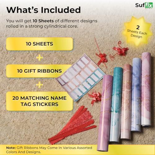 Suffix Retail-10 Pcs Gift Wrapping Paper Sheets With Gift Ribbons & Gift Nametag Stickers 10 Pcs For Gift Wrapping Paper Sheets-19 X 28 Inches(Multi) - Image 2