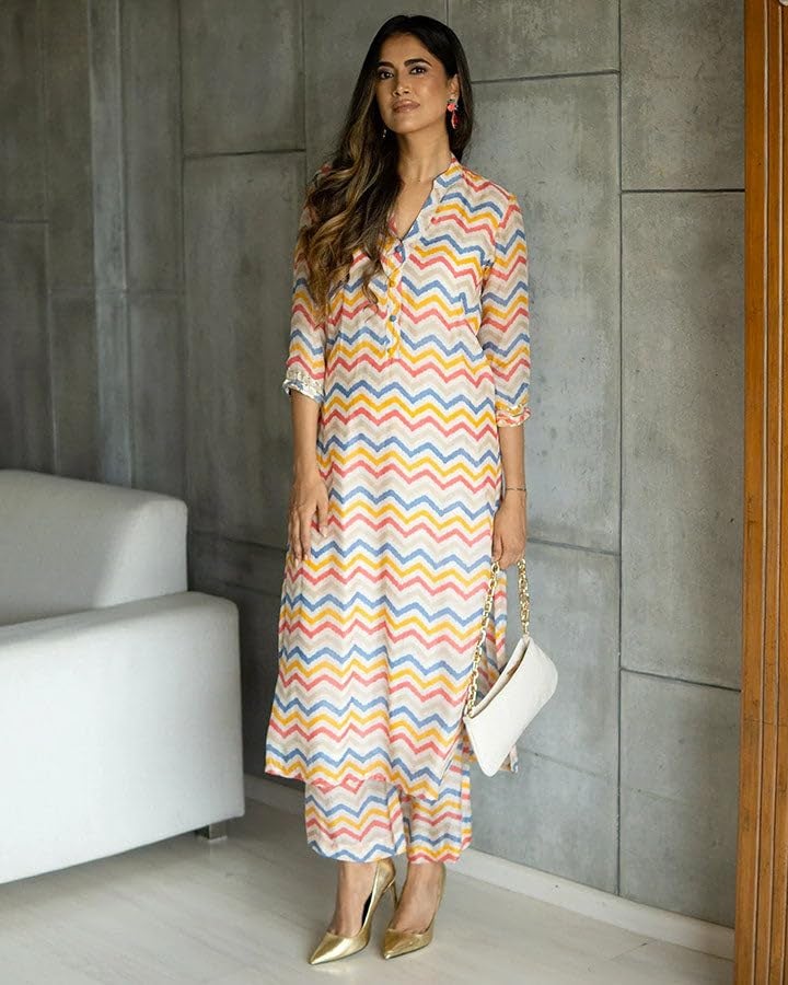 LookMark Kurta Set: Sizzle with Ethnic Flair! Make Heads Turn with Our Vibrant Cotton Blend Printed Kurti Pant Sets! Multicolour - Image 2