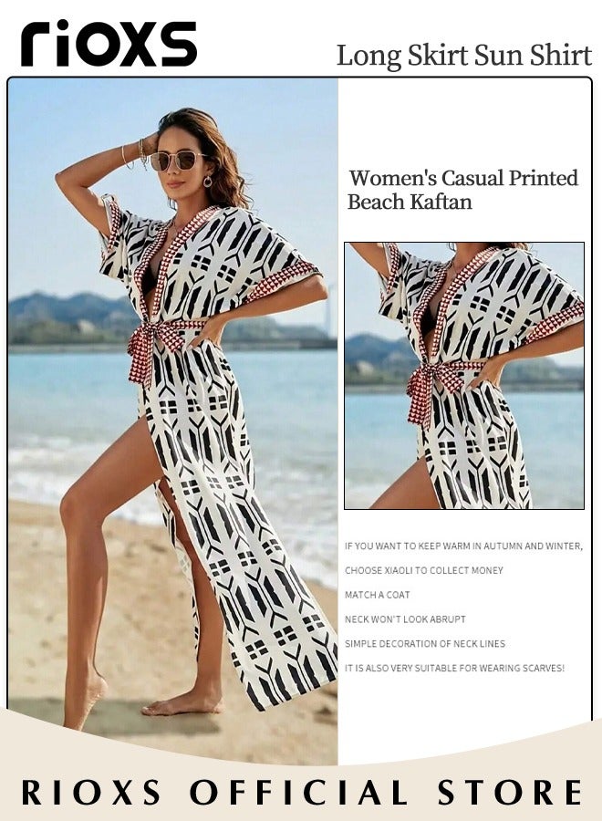 RIOXS Women's Beach Cover Ups, Fashion Printed Print Kimono Casual Open Front Cover Up, Long Cardigan Loose Beach Swimsuit Cover up, Maxi Cardigan Kimono Swimsuit With Belts, Drawstring Tie Waist Bathing Suit For Casual Party Daily Wear - Image 3