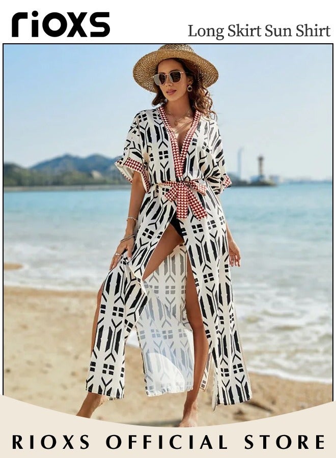RIOXS Women's Beach Cover Ups, Fashion Printed Print Kimono Casual Open Front Cover Up, Long Cardigan Loose Beach Swimsuit Cover up, Maxi Cardigan Kimono Swimsuit With Belts, Drawstring Tie Waist Bathing Suit For Casual Party Daily Wear - Image 4
