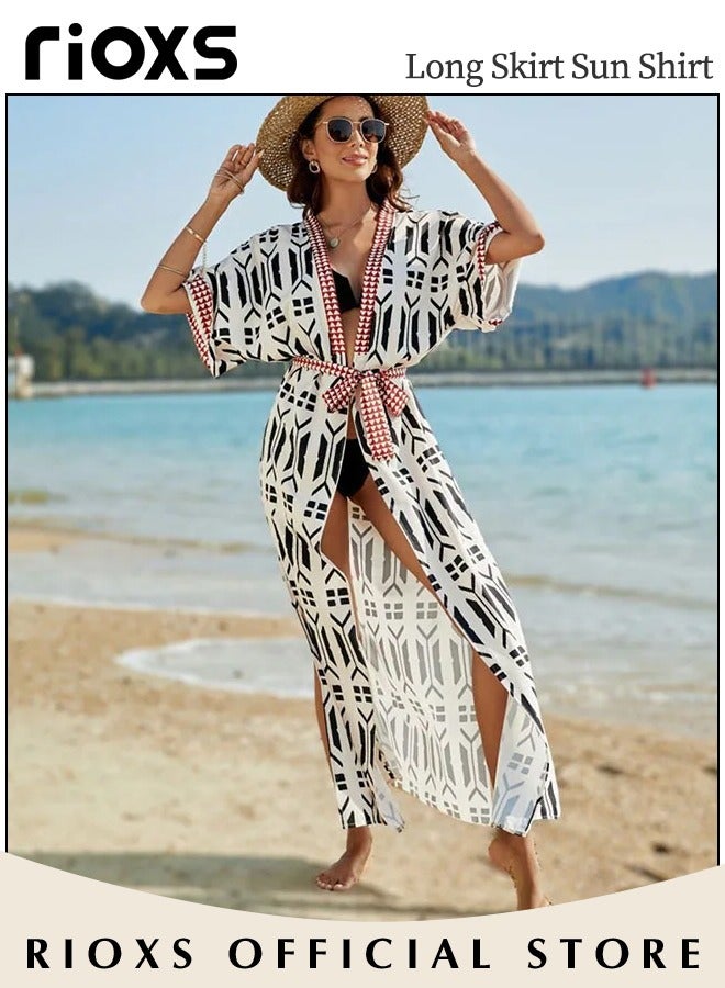 RIOXS Women's Beach Cover Ups, Fashion Printed Print Kimono Casual Open Front Cover Up, Long Cardigan Loose Beach Swimsuit Cover up, Maxi Cardigan Kimono Swimsuit With Belts, Drawstring Tie Waist Bathing Suit For Casual Party Daily Wear - Image 5