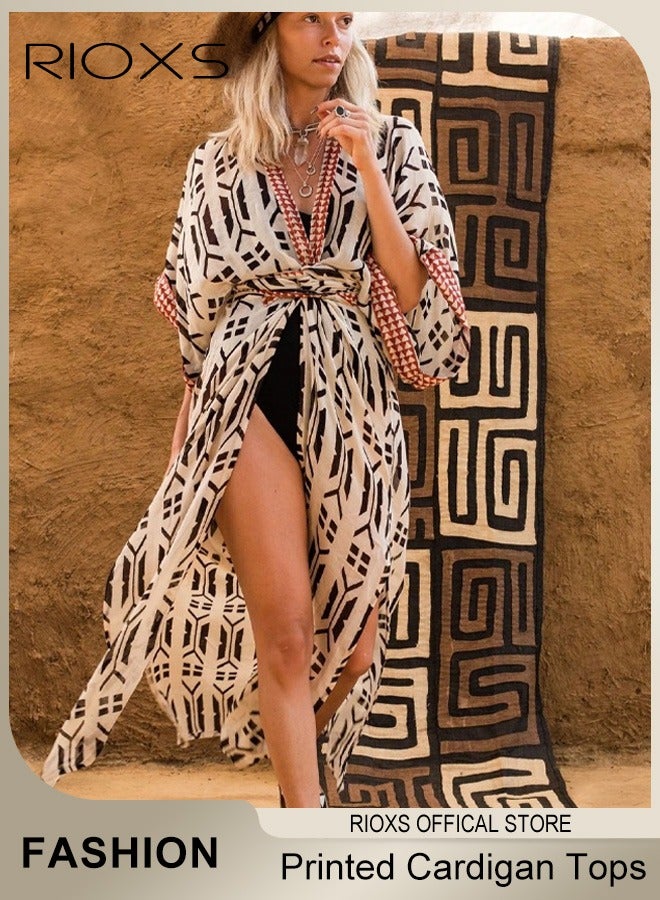 RIOXS Women's Beach Cover Ups, Fashion Printed Print Kimono Casual Open Front Cover Up, Long Cardigan Loose Beach Swimsuit Cover up, Maxi Cardigan Kimono Swimsuit With Belts, Drawstring Tie Waist Bathing Suit For Casual Party Daily Wear - Image 1