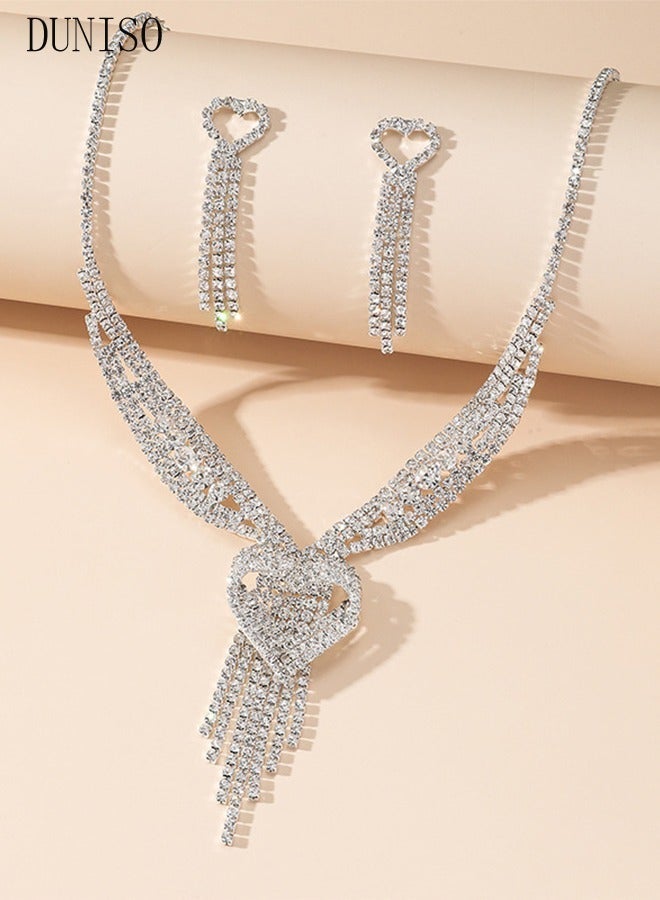 DUNISO 2pieces Jewelry Set With Necklace and Earring Crystal Bridal Wedding Jewelry Set Bridesmaid Party Choker Necklace Water Drop Pendant Earrings Sets for Women and Girls - Image 2