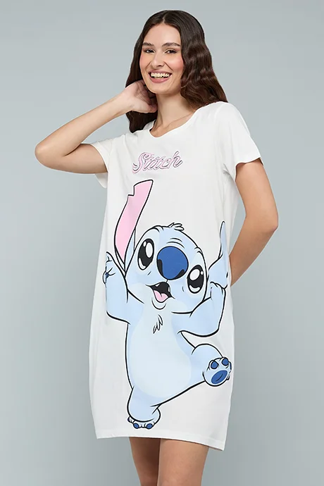 R&B Stitch Print Nightdress with Crew Neck and Short Sleeves