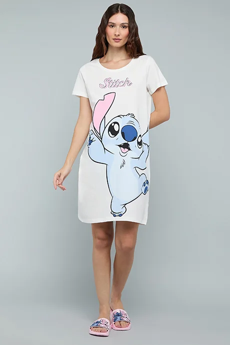 R&B Stitch Print Nightdress with Crew Neck and Short Sleeves