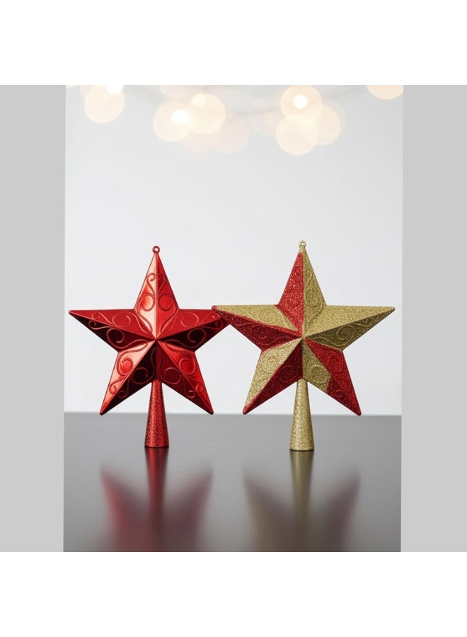 Happy Hugs Christmas Tree Topper Star Set, Red and Gold Glitter Stars with Decorative Pattern, Holiday Home Decor, Traditional Xmas Tree Ornaments