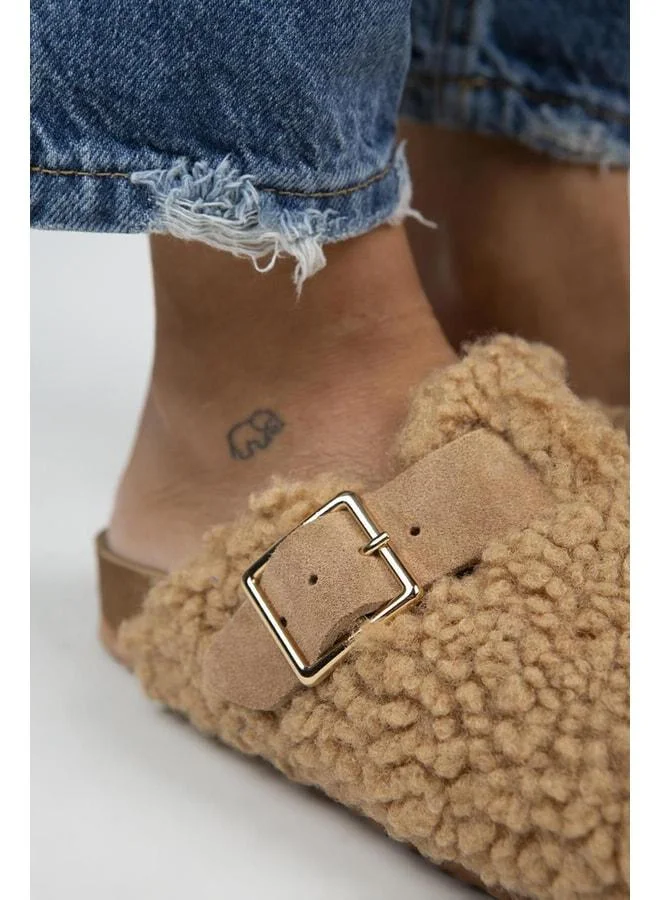 Manijero  Suzen Women's Textile Fur-Lined Genuine Leather Caramel Slippers with Belt and Buckle - Brown for Women | Best Price UAE