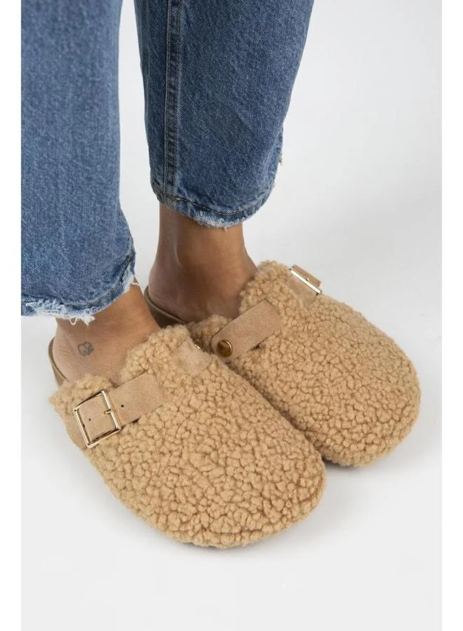 Manijero  Suzen Women's Textile Fur-Lined Genuine Leather Caramel Slippers with Belt and Buckle - Brown for Women | Best Price UAE