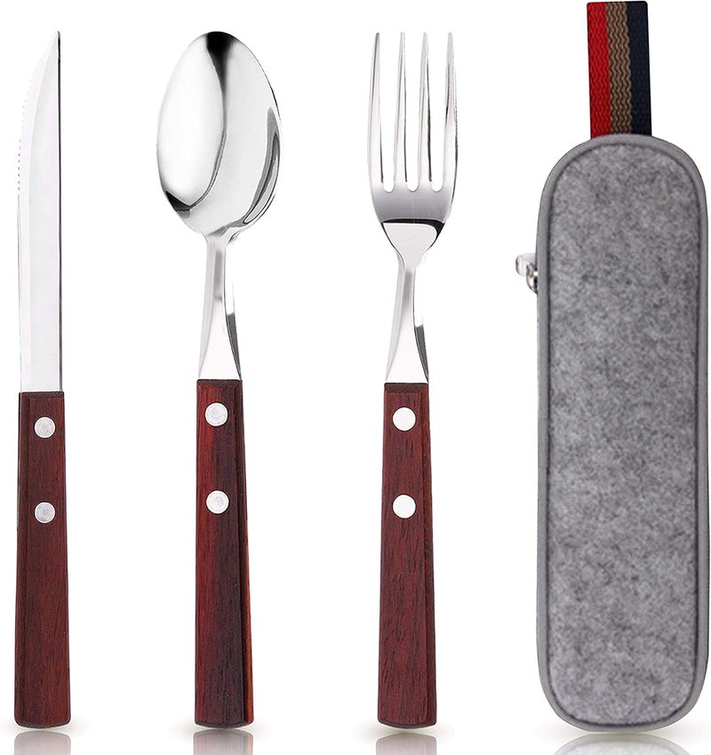 Bewbow PREMIUM QUALITY Stainless Steel travel utensils Set with case, Healthy & Eco-Friendly 3pc Full Size Fork, Spoon, Portable, reusable utensils with case - Image 1