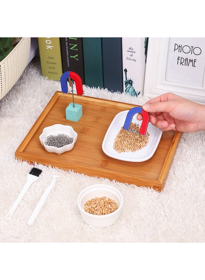 Children's Early Education Montessori Teaching Aids Kindergarten Corner Puzzle Magnet Magnet Magnet Toy Daily Life Scientific Exploration-Color:Vertical Bar Bowl + Plum Bowl + Ceramic Rectangular Plate + Magnet + Mini Brush + Wheat Pack + Iron Ring Pack + 28CM Tray  - Image 2