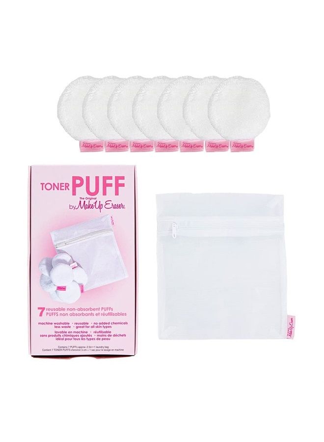 MakeUp Eraser Toner Puff 7pc Set, Reusable and Machine Washable Rounds, Laundry Bag Included - Image 1