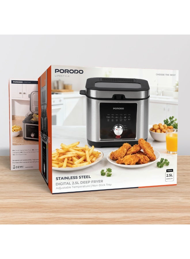 بورودو مقلاة كهربائية لايف ستايل سعة 2.5 لتر بقوة 1200 واط مع درجة حرارة قابلة للتعديل، سلة قلي قابلة للغسل، مقبض بارد الملمس، غطاء قابل للإزالة، صينية ووعاء غير لاصقين، نظام تهوية متطور، مصنوعة من الفولاذ المقاوم للصدأ، تحكم دقيق في الطهي، قوة قلي ذكية، مؤشر ضوئي - فضي - Image 4