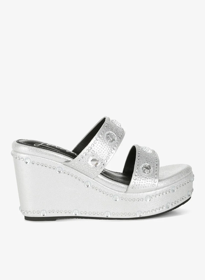 Rhinestone & Diamante Wedge Sandals in Silver
