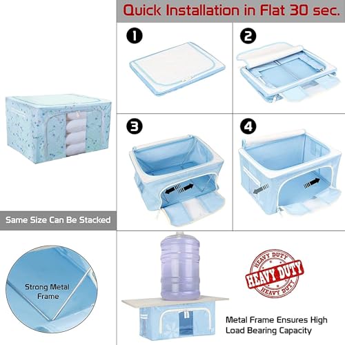 HAKKU 66 LTR Foldable Steel Frame Cloths Zip Organizer Bag and Oxford Fabric Storage Living Cover Boxes For Wardrobe Shelves Clothes, Sarees, Bed Sheet, Blanket (Sky, 66 Ltr - Pack of 1) - Image 2
