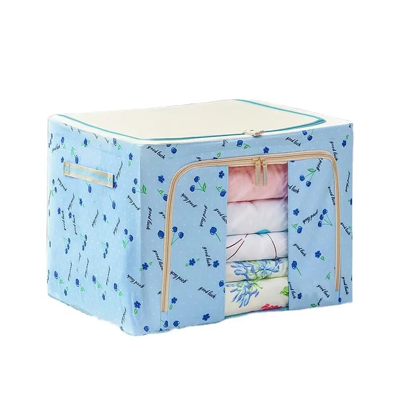 HAKKU 66 LTR Foldable Steel Frame Cloths Zip Organizer Bag and Oxford Fabric Storage Living Cover Boxes For Wardrobe Shelves Clothes, Sarees, Bed Sheet, Blanket (Sky, 66 Ltr - Pack of 1) - Image 1