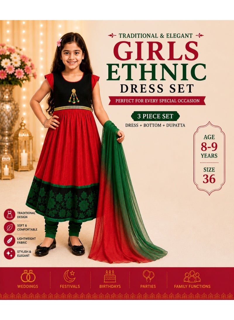 JOLLITY LLC Girls Ethnic Dress Set 3 Piece – Red & Black Embroidered Dress with Green Bottom & Two-Tone Dupatta, Size 36, 8–9 Years - Image 1