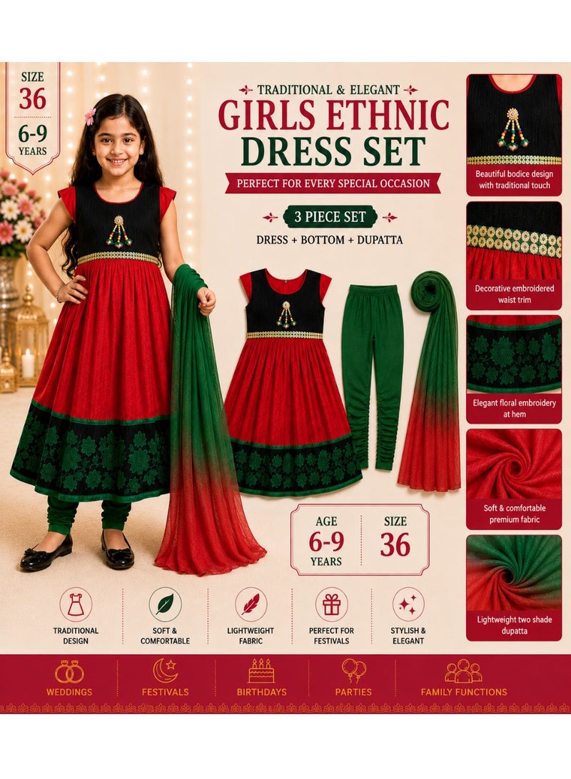 JOLLITY LLC Girls Ethnic Dress Set 3 Piece – Red & Black Embroidered Dress with Green Bottom & Two-Tone Dupatta, Size 36, 8–9 Years - Image 2